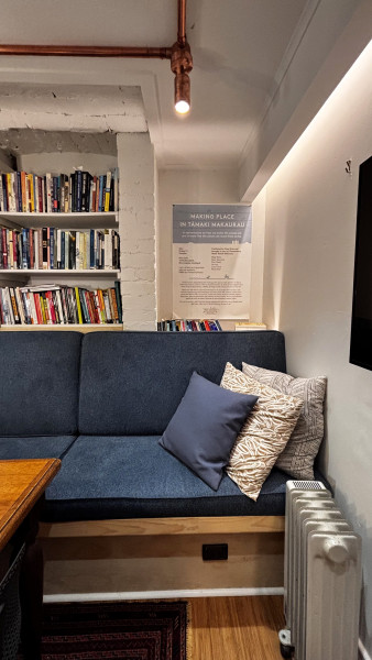 Built-in timber seat in a basement office conversion
